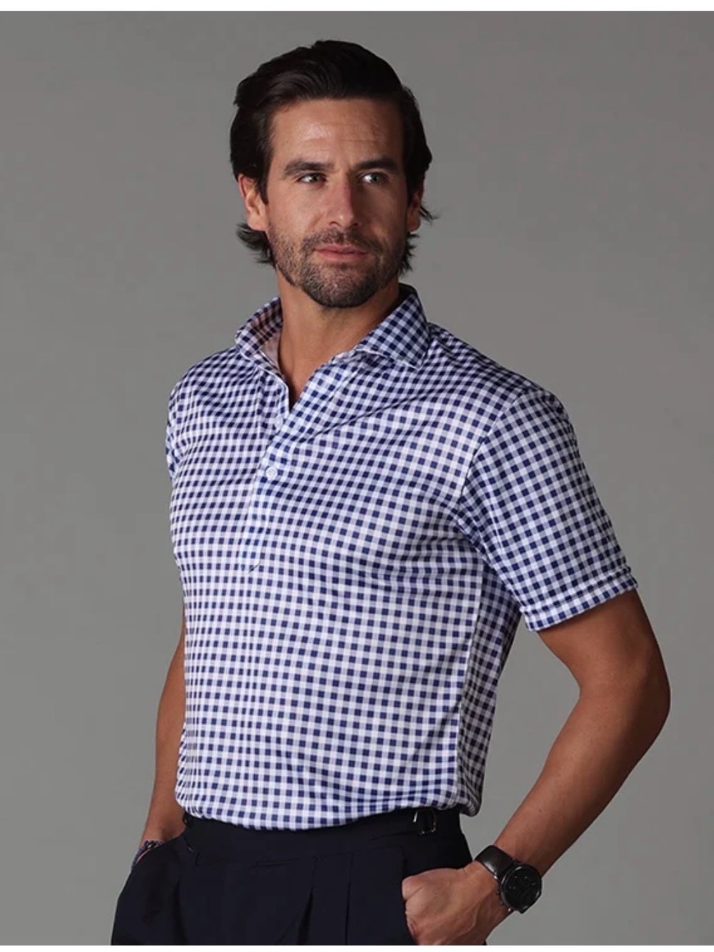 Collars & Co Semi-Spread Collar Polo Navy Gingham Size Large